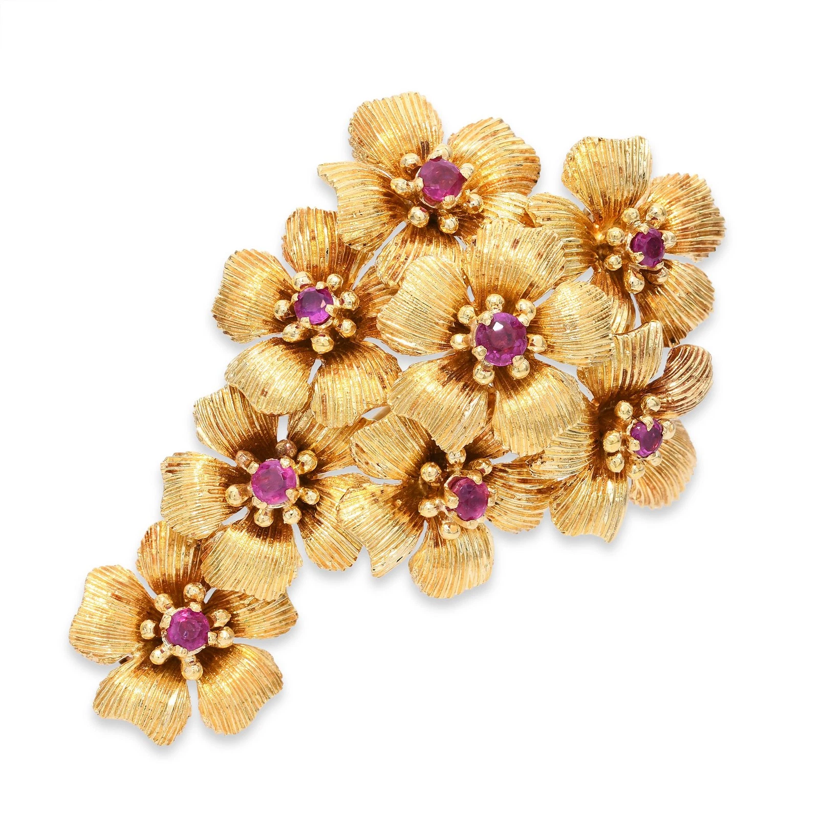 Cartier — Vintage Cartier 18k Yellow Gold Ruby Flower Cluster Brooch