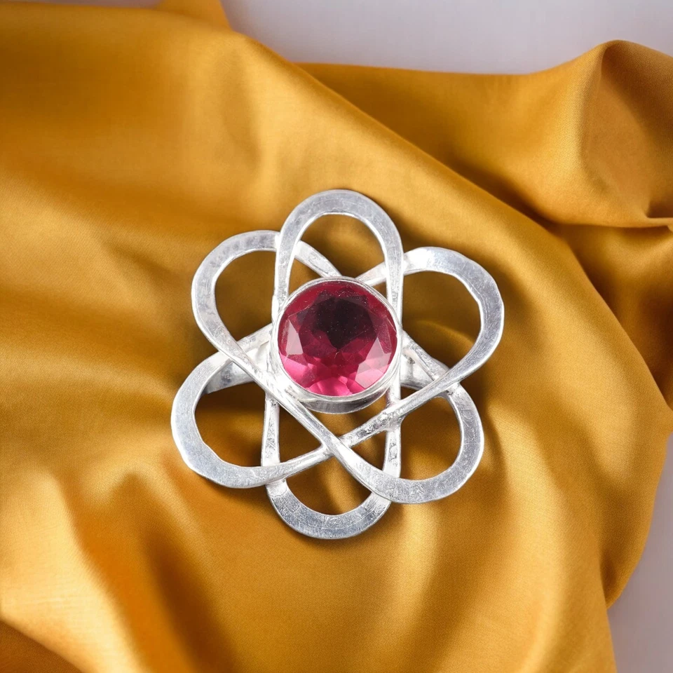 Anillo hecho a mano de plata de ley 925 con piedras preciosas de turmalina rosa natural todas las tallas DD Foto 2 de 4