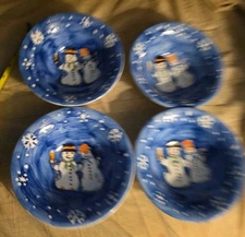 Tabletops Unlimited Hand Painted Snow Couple Soup Bowls Set of Four 4