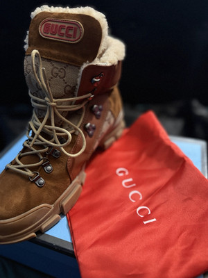 Gucci Brown Fur Lined Lace-Up Hiking Boots Suede Logo for Men