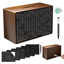 Wooden Money Saving Box Cash Vault Savings Challenge with Counter Brown