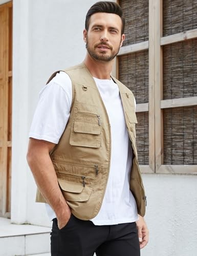 Men's Fishing Vest Utility Safari Travel Vest with Pockets Outdoor Large Khaki - Picture 4 of 6