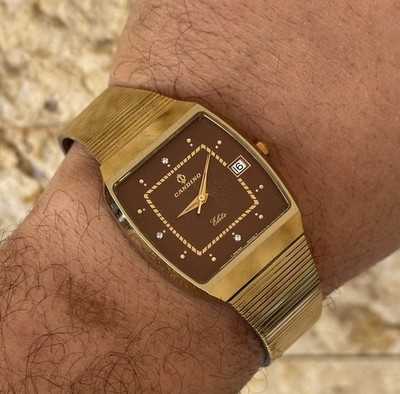 Vintage Candino Elite Automatic 1970s Gold Plated 32x38mm Date Boxed Tank Men