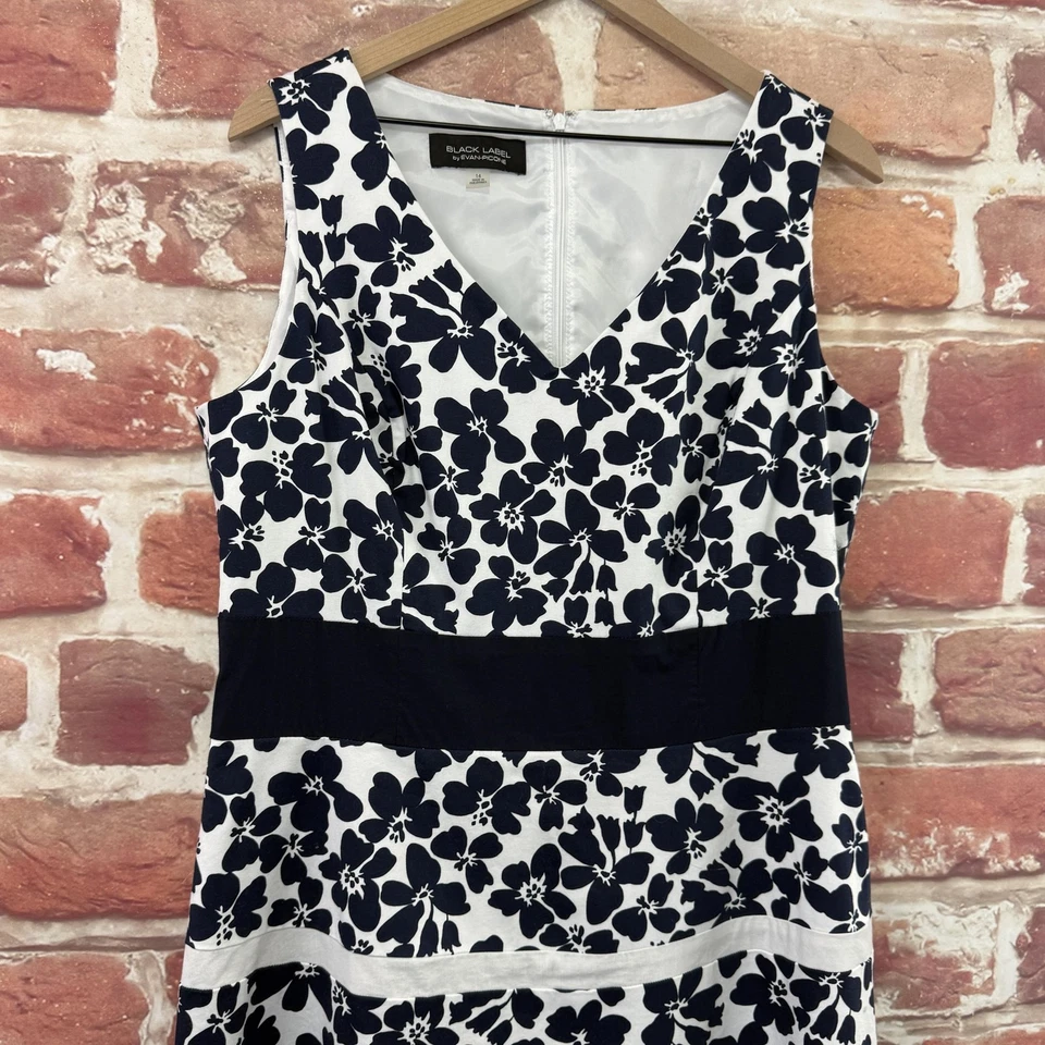 Vestido Evan Picone Etiqueta Negra Para Mujer 14 Azul Oscuro Blanco Floral Rayas Cremallera Foto 2 de 4