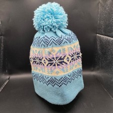 Herman's World of Sporting Goods Vintage 100 Wool Blue Fair Isle Pom Beanie Hat