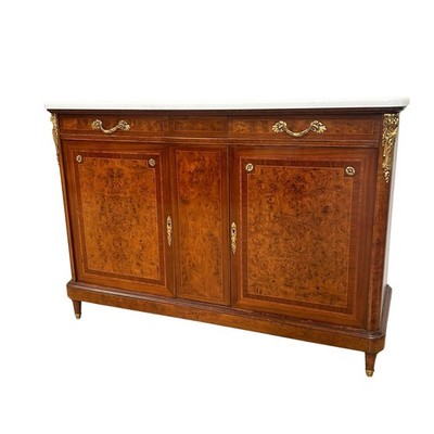 ATQ French Burled Walnut & Maple Louis XVI Style Quartz Top Buffet Sideboard