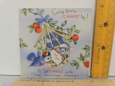 Caged Up Bird Cage Blue Birds Get Well Soon Greeting Card VTG 1940's 1944 Gibson