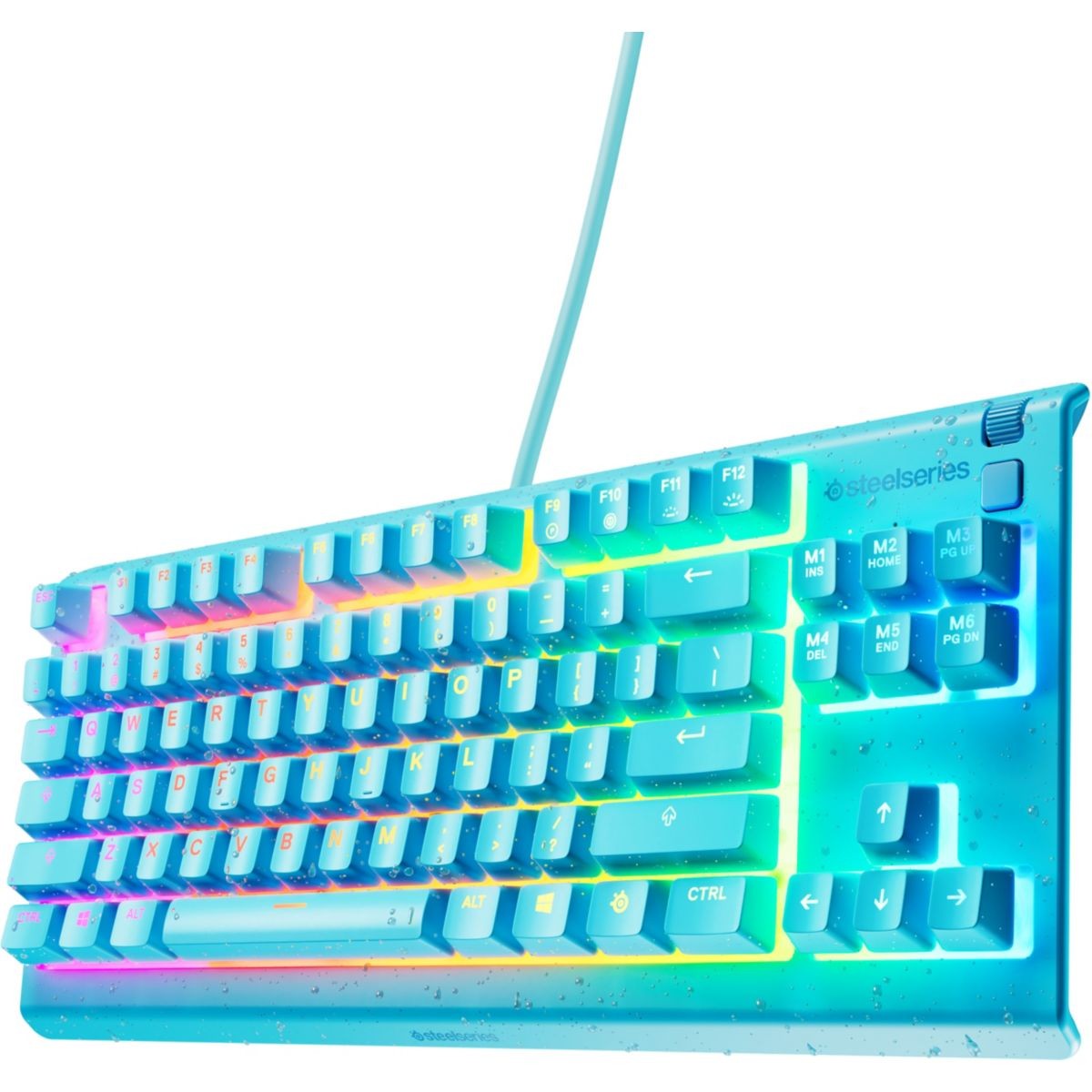 Clavier gamer SteelSeries silencieux IP32 contre les éclaboussures de boissons en session.