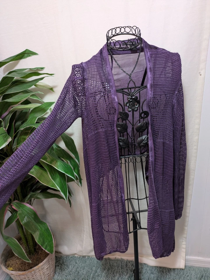 Cárdigan DKNY Donna Karan NY púrpura malla abierta tejido asimétrico frente cascada Foto 2 de 4