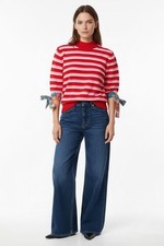 NWT MSGM Milano Striped Cotton Knit Top Floral Bow Sleeve Red Pink White Size M