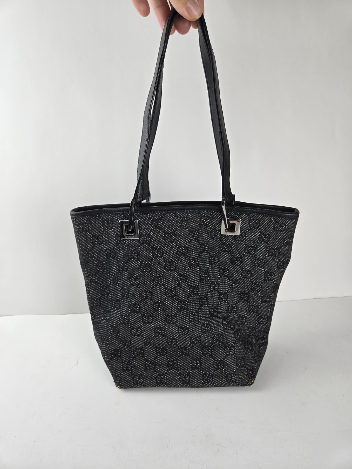 GUCCI Vintage Tote Bag GG Canvas Leather Black