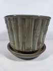Vintage McCoy 7" Pottery Planter w/ Saucer Bamboo Relief Green Drip Glaze 0375