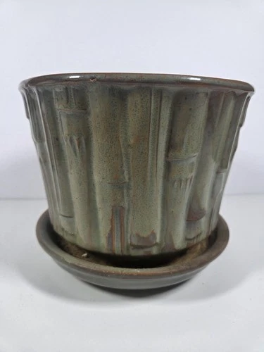 Vintage McCoy 7" Pottery Planter w/ Saucer Bamboo Relief Green Drip Glaze 0375