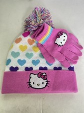 Hello Kitty Girls Size 8-10 Knit Pom Cuffed Beanie Hat Cap With Gloves Set OSFM