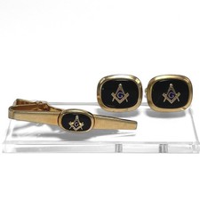 Vintage Anson Masonic Cufflinks Tie Clip Set Gold Tone Black Freemason Emblem