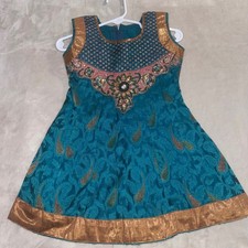 Kids Teal Blue Gold Embroidered Indian Anarkali Dress Paisley Brocade 18 Months