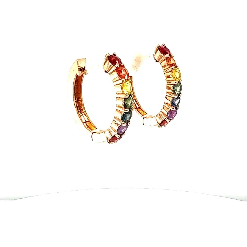 1.99 Carat Rainbow Sapphire Rose Gold Hoop Earrings - Image 3 of 4