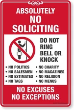 Tin Metal Sign Absolutely No Soliciting No Excuses No Exceptions Do Not 8x12