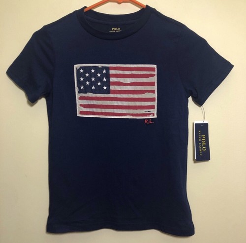 Ralph Lauren Kids Boys USA Flag TSHIRT Size 7 Cotton Navy Patriotic Distressed