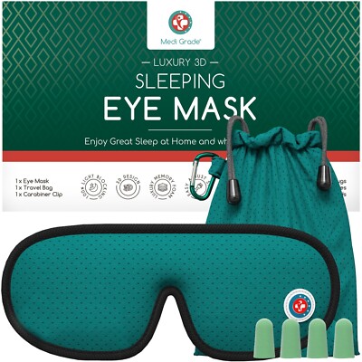 Medi Grade Schlaf Augenmaske Reiseset - 3D 100% Blackout, Ohrstöpsel, Clip, Tasche