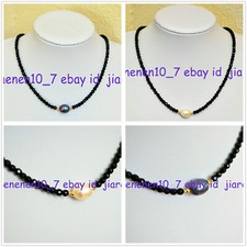 Faceted 3mm Bright Black Spinel 9-10mm Tahitian Black Pearl Necklace 18in
