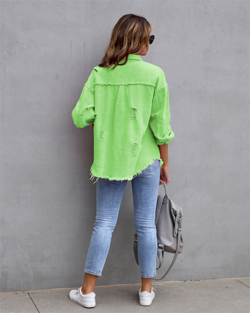 Women's Denim Jacket Ragged Casual Long Sleeve Button Jean Women Size *20% OFF*