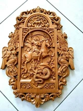 Icon Saint George and the Dragon 3D Art Orthodox Wood Carved Icon Picture 30"