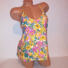 Anne Cole Swim Tankini Top Small Pink Orange Yellow Green Floral Tank Shelf Bra