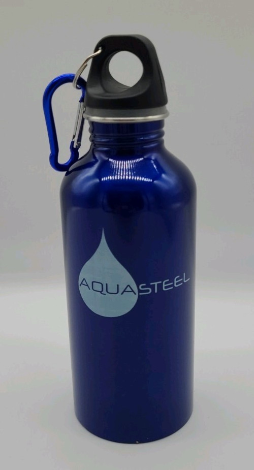 Stainless Steel Water Bottle 16 Oz with Screw Top and Carabiner Clip Blue + Logo