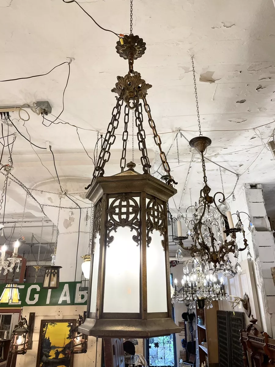 Antique Brass Neo Gothic Three Light Ceiling Pendant Light Celtic Knot Pattern