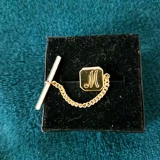 Pin Tie Tack With Chain Initial M  in Black  Goldtone Under $20