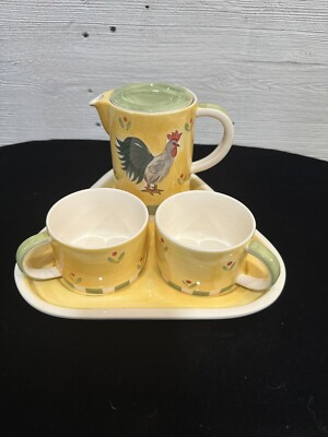 Herman Dodge & Sons Tea for Two Tea Set W/Pitcher Rooster & Flowers Hand Painted