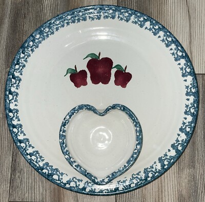 (1) NEHER POTTERY 1995 ROUND CHIP & DIP BOWL BLUE GLAZE SPONGEWARE w/ APPLES 13''