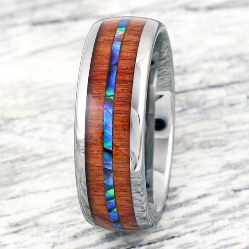 ¡CIERRE! Anillo de 8 mm de abulón de tungsteno a rayas con sándalo banda de boda joyería - Imagen 4 de 14