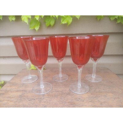5 Vintage Ruby Wine Glasses Clear Bowtie Stem