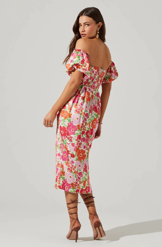 NEW ASTR the Label TROPICAL Floral ZURINA Off The Shoulder PLEATED Midi DRESS S - Picture 16 of 16