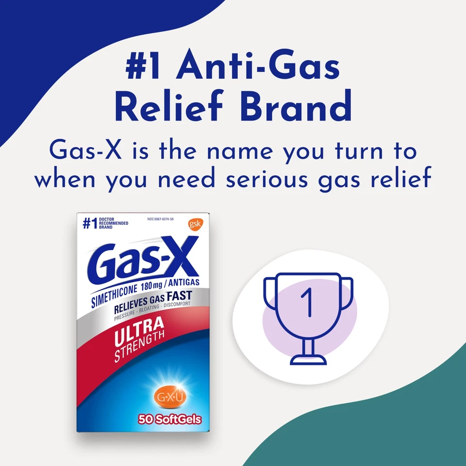 Cápsulas blandas Gas X ultra fuertes 180 mg 50 unidades alivio rápido de gas simeticona Foto 3 de 4