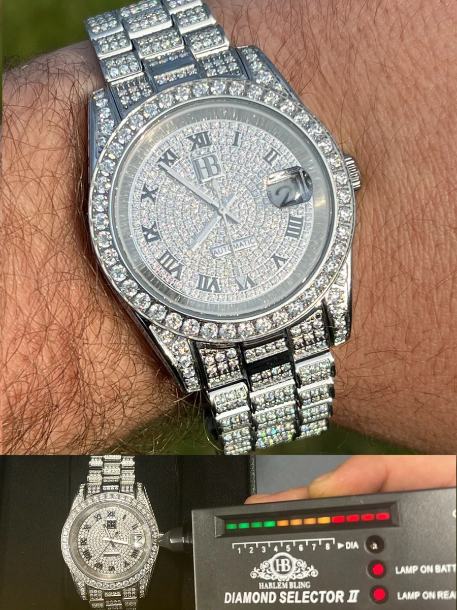 15ct MOISSANITE Mens Presidential Watch Iced Bust Down Hip Hop