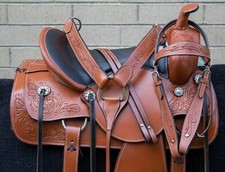 WESTERN TRAIL SADDLE 16 PLEASURE HORSE RIDE FLORAL TOOLED LEATHER USED TACK SET