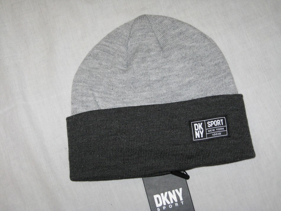BNWT  DKNY Sport  Fleece Lined Two Tone Beanie Hat  Light Grey  Charcoal Grey