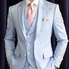 Blue Beaded Men's Suits 3Pcs Luxury Prom Jacket Blazer Formal Dinner Party Coat