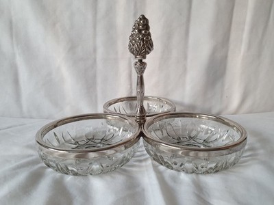 Vintage Trio EPNS Silber Glasschale Ananasgriff Gewürzschale/Servierset