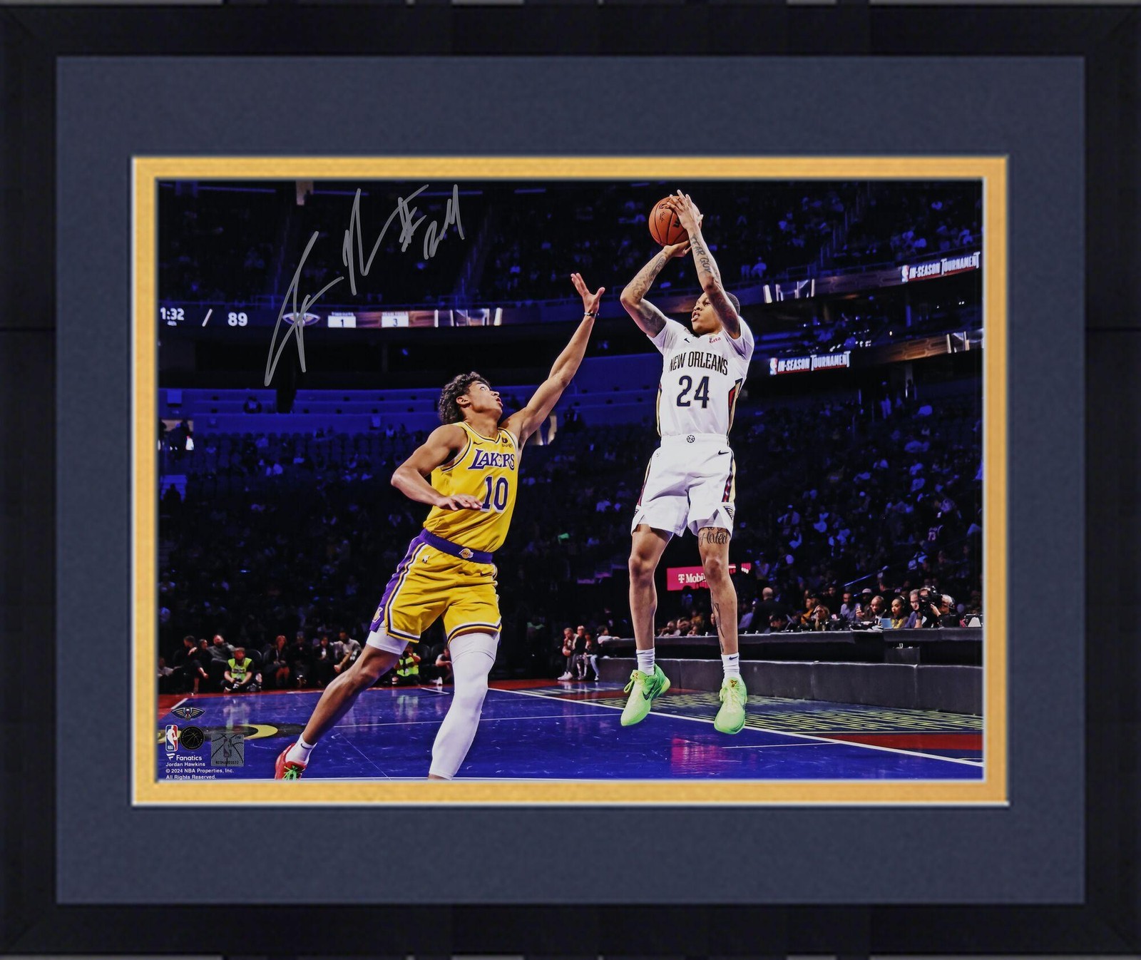 Jordan Hawkins Autographed Signed New Orleans Pelicans Framed 16x20 Shooting vs Lakers Photo 