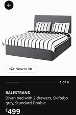 IKEA BALESTRAND Grey Double Divan Bed, Upholstered, 2 Drawers, Slats