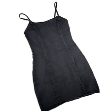 H&M Divided Black Denim Mini Dress Spaghetti Straps Side Zip Bodycon Party Small