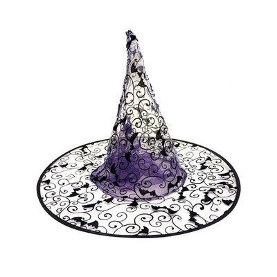 Purple Glitter Mesh Witch Hat Felt Black Bat Wizard Halloween Costume Party Hats