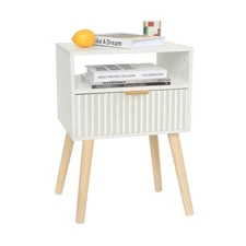 Night Stand, White Bedside Table with Drawers and Open Shelf, Fluted Nightsta...