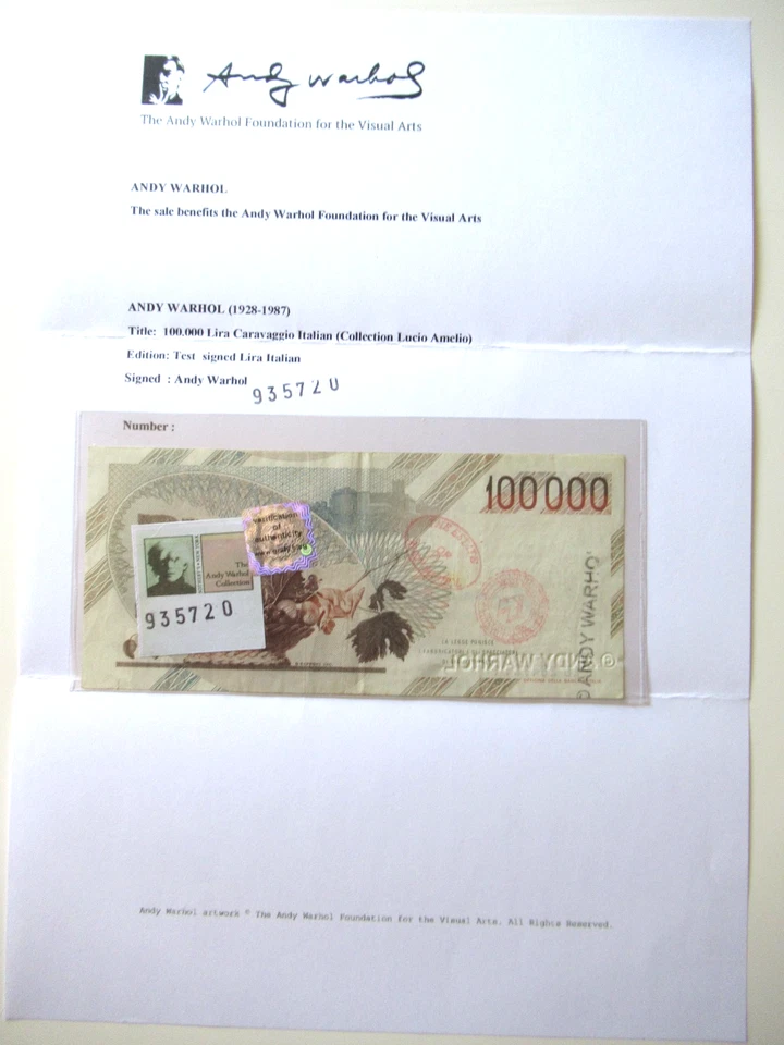 ANDY WARHOL: Echte 100.000 Lire Banknote ORIGINAL Hand-signiert sw, ZERTIFIKAT - Bild 4 von 4