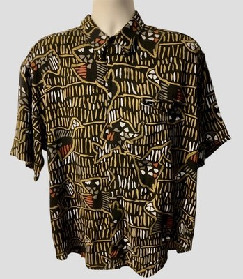 Vintage K.A.D. CLOTHING XL African Asian Batik Print Rayon Button Colorful Shirt