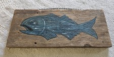 Folkt Art Old Barn Wood Turquiose Painted Fish Wall Plaque Side View Colorful